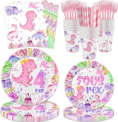 213 Pcs Dinosaur 4th Birthday Party Supplies, Girl Dino Roar I'm Four Birthday Decorations, 20 Serves Include Plates, Cups, Napkins, Tablecloth, Cake Topper, Swirls, Banner, Balloons for Girls in Kuwait