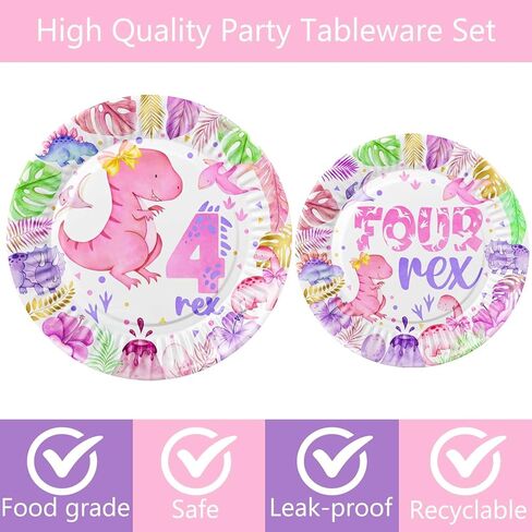213 Pcs Dinosaur 4th Birthday Party Supplies, Girl Dino Roar I'm Four Birthday Decorations, 20 Serves Include Plates, Cups, Napkins, Tablecloth, Cake Topper, Swirls, Banner, Balloons for Girls in Kuwait