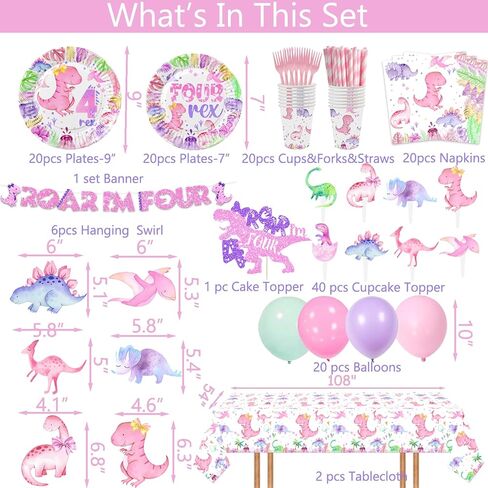 213 Pcs Dinosaur 4th Birthday Party Supplies, Girl Dino Roar I'm Four Birthday Decorations, 20 Serves Include Plates, Cups, Napkins, Tablecloth, Cake Topper, Swirls, Banner, Balloons for Girls in Kuwait