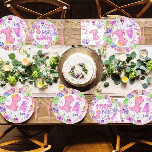 213 Pcs Dinosaur 4th Birthday Party Supplies, Girl Dino Roar I'm Four Birthday Decorations, 20 Serves Include Plates, Cups, Napkins, Tablecloth, Cake Topper, Swirls, Banner, Balloons for Girls in Kuwait