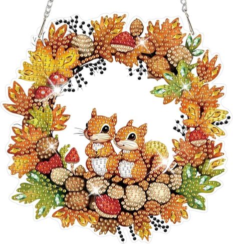HEIBAGO Fall Diamond Art Hanging Kits for Adults, Halloween Hanging Diamond Art Squirrel Wreath, 5D Special Shaped Crystal Diamond Painting Kit,DIY Pattern Window Pendant for Home Wall Decor 8.3x8.3In in Saudi Arabia