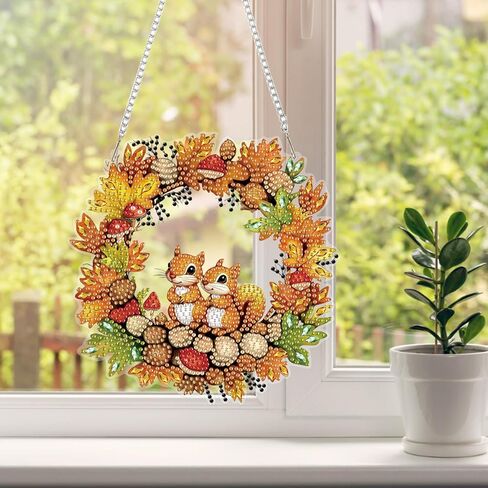HEIBAGO Fall Diamond Art Hanging Kits for Adults, Halloween Hanging Diamond Art Squirrel Wreath, 5D Special Shaped Crystal Diamond Painting Kit,DIY Pattern Window Pendant for Home Wall Decor 8.3x8.3In in Saudi Arabia