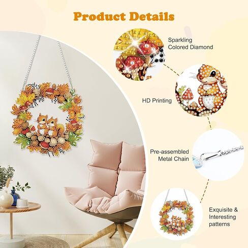 HEIBAGO Fall Diamond Art Hanging Kits for Adults, Halloween Hanging Diamond Art Squirrel Wreath, 5D Special Shaped Crystal Diamond Painting Kit,DIY Pattern Window Pendant for Home Wall Decor 8.3x8.3In in Saudi Arabia