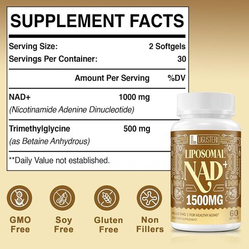 مكمل LIGUSTERI 750 مجم Liposomal NAD+، امتصاص فائق، True NAD+ مع TMG، Boost NAD Plus للدفاع عن الشيخوخة، الطاقة الخلوية، وظيفة القلب والدماغ، 60 كبسولة هلامية in Saudi Arabia