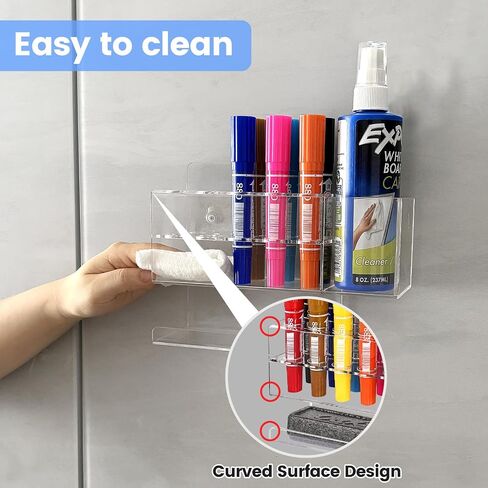 Dry Erase Marker Holder, 10 Slots Wall Mount Acrylic Pen Holder Clear Curved Surface Design for Whiteboard, Office, Home, Marker, Classroom Organization, Eraser and Cleaner Not Included in Saudi Arabia