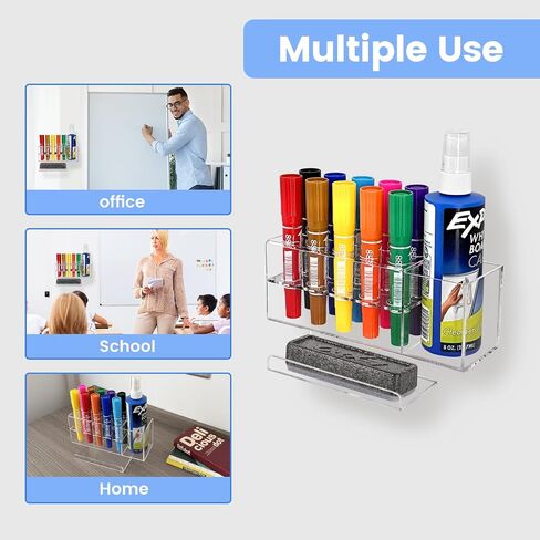 Dry Erase Marker Holder, 10 Slots Wall Mount Acrylic Pen Holder Clear Curved Surface Design for Whiteboard, Office, Home, Marker, Classroom Organization, Eraser and Cleaner Not Included in Saudi Arabia