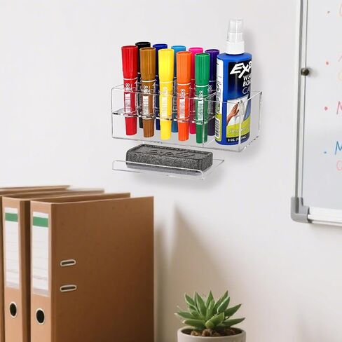 Dry Erase Marker Holder, 10 Slots Wall Mount Acrylic Pen Holder Clear Curved Surface Design for Whiteboard, Office, Home, Marker, Classroom Organization, Eraser and Cleaner Not Included in Saudi Arabia