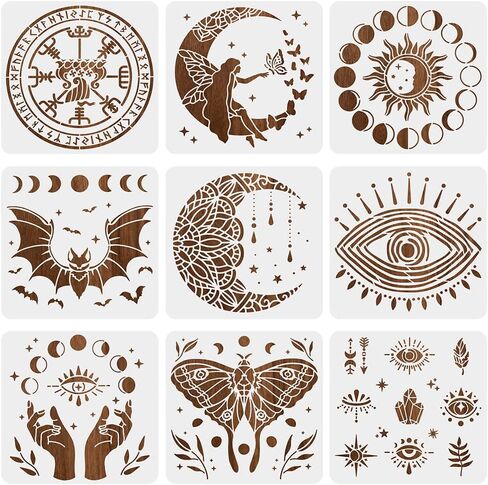 BENECREAT 9pcs Magic Theme Painting Stencils 12x12 Inch, Moon Fairy Eye Reusable Stencil Cut Painting Template for Painting on Furniture Canvas Home Wall Decor DIY Art Crafts in Saudi Arabia