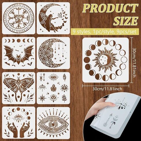 BENECREAT 9pcs Magic Theme Painting Stencils 12x12 Inch, Moon Fairy Eye Reusable Stencil Cut Painting Template for Painting on Furniture Canvas Home Wall Decor DIY Art Crafts in Saudi Arabia