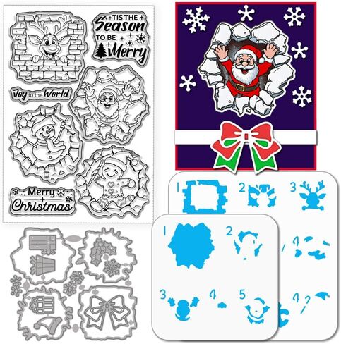 GLOBLELAND 3D Cracks Santa Claus Clear Stamps Cutting Dies Painting Stencils for Card Making Reindeer Snowman Gingerbread Man Silicone Stamp Die Cuts Gingerbread Man Craft Template for Scrapbooking in Saudi Arabia