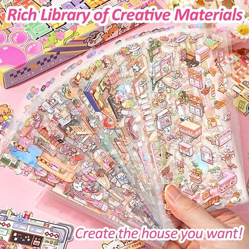 50 Sets 3D Sticker Scenes for Adults Make Your Own House, Miniature Cute Cartoon Animal Isometric Scene, Cozy Room Sticker Book Sticker House for Relief Stress Pass The Time, Stickers for Gifts in Saudi Arabia