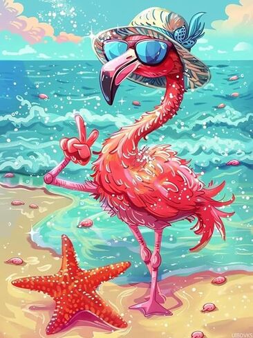 Cartoon Animal Diamond Painting, Adult 5D Beach Flamingo with Sunglasses Diamond Painting Kit, DIY Diamond Embroidery Crafts Kit, Home Cafe Living Room Wall Art Decoration 12x16 Inch in Saudi Arabia
