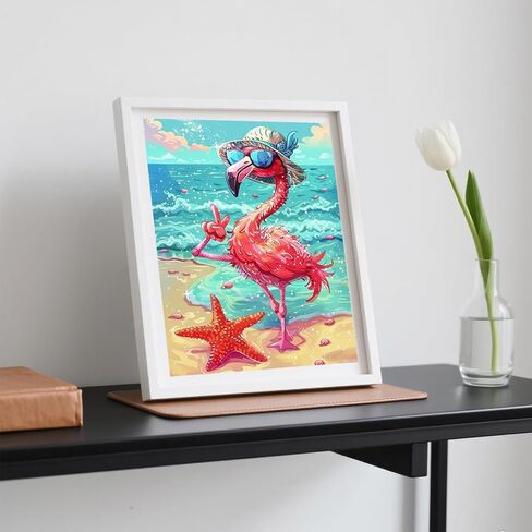 Cartoon Animal Diamond Painting, Adult 5D Beach Flamingo with Sunglasses Diamond Painting Kit, DIY Diamond Embroidery Crafts Kit, Home Cafe Living Room Wall Art Decoration 12x16 Inch in Saudi Arabia