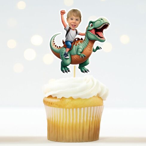 Custom Dinosaur Rider Cupcake Toppers with Photo - T-Rex Birthday Party Decor - Personalized Sets of 6–36 in Saudi Arabia