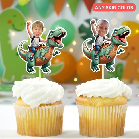 Custom Dinosaur Rider Cupcake Toppers with Photo - T-Rex Birthday Party Decor - Personalized Sets of 6–36 in Saudi Arabia