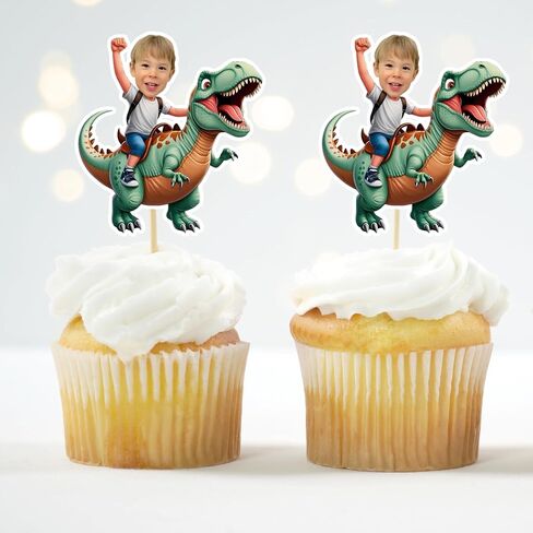 Custom Dinosaur Rider Cupcake Toppers with Photo - T-Rex Birthday Party Decor - Personalized Sets of 6–36 in Saudi Arabia