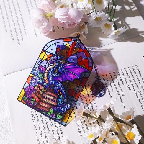 Stained Glass Dragon Bookmark with Charm, Fantasy Metal Book Mark for Reading Lovers, Gothic Window-Inspired Transparent Page Markers Clips Bookish Gifts for Women Men Kids School Office Supplies in Saudi Arabia