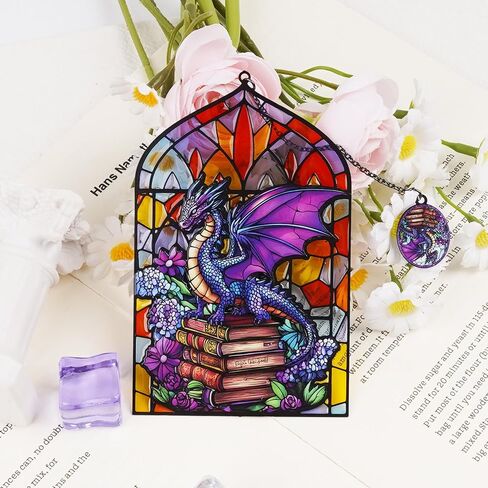 Stained Glass Dragon Bookmark with Charm, Fantasy Metal Book Mark for Reading Lovers, Gothic Window-Inspired Transparent Page Markers Clips Bookish Gifts for Women Men Kids School Office Supplies in Saudi Arabia