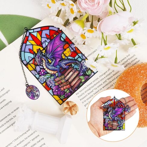 Stained Glass Dragon Bookmark with Charm, Fantasy Metal Book Mark for Reading Lovers, Gothic Window-Inspired Transparent Page Markers Clips Bookish Gifts for Women Men Kids School Office Supplies in Saudi Arabia