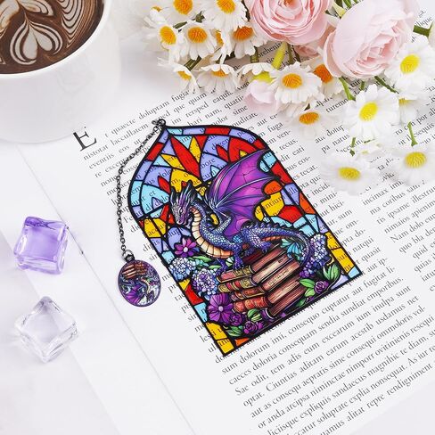 Stained Glass Dragon Bookmark with Charm, Fantasy Metal Book Mark for Reading Lovers, Gothic Window-Inspired Transparent Page Markers Clips Bookish Gifts for Women Men Kids School Office Supplies in Saudi Arabia