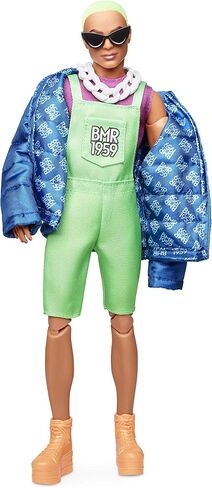 Barbie BMR1959 كين دمية أزياء قابلة للتفتيت بالكامل مع شعر نيون ، في وزرة النيون وسترة منتفخة ، مع الملحقات وحامل الدمية in Saudi Arabia