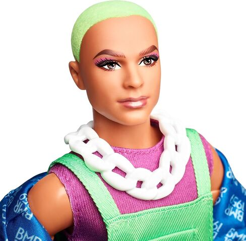 Barbie BMR1959 كين دمية أزياء قابلة للتفتيت بالكامل مع شعر نيون ، في وزرة النيون وسترة منتفخة ، مع الملحقات وحامل الدمية in Saudi Arabia