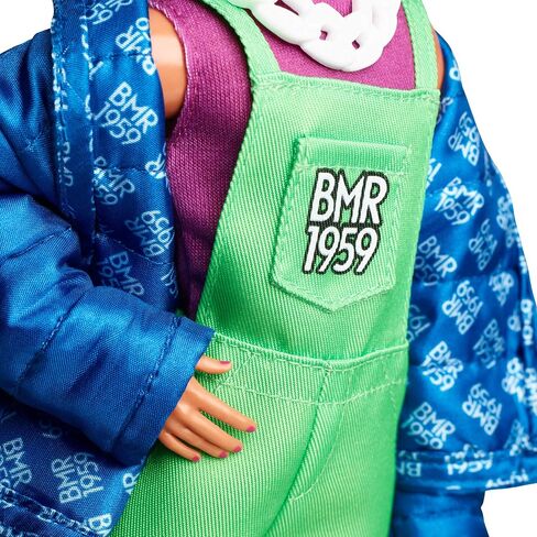 Barbie BMR1959 كين دمية أزياء قابلة للتفتيت بالكامل مع شعر نيون ، في وزرة النيون وسترة منتفخة ، مع الملحقات وحامل الدمية in Saudi Arabia