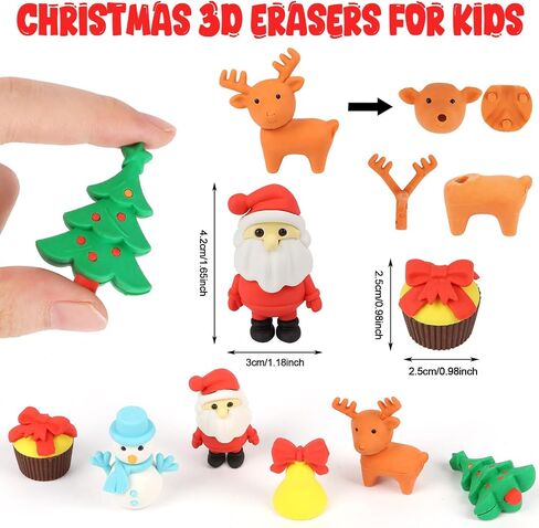 CCINEE 30Pcs Christmas 3D Erasers for Kids Bulk, Holiday Santa Reindeer Snowman Puzzle Erasers Desk Pets for Classroom Rewards Christmas Stocking Stuffers Party Favor in Saudi Arabia