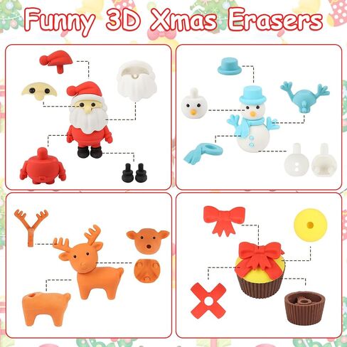 CCINEE 30Pcs Christmas 3D Erasers for Kids Bulk, Holiday Santa Reindeer Snowman Puzzle Erasers Desk Pets for Classroom Rewards Christmas Stocking Stuffers Party Favor in Saudi Arabia