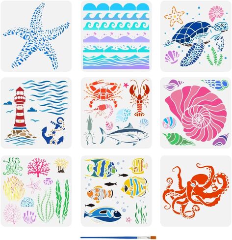 FINGERINSPIRE 9 Pcs Summer Ocean Painting Stencil with Brush 11.8x11.8inch Sea Waves Drawing Template Fish Shells Lighthouse Turtle Octopus Corals Stencil for Painting on Wood Wall Fabric Furniture in Saudi Arabia