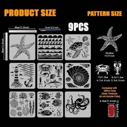 FINGERINSPIRE 9 Pcs Summer Ocean Painting Stencil with Brush 11.8x11.8inch Sea Waves Drawing Template Fish Shells Lighthouse Turtle Octopus Corals Stencil for Painting on Wood Wall Fabric Furniture in Saudi Arabia