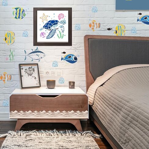 FINGERINSPIRE 9 Pcs Summer Ocean Painting Stencil with Brush 11.8x11.8inch Sea Waves Drawing Template Fish Shells Lighthouse Turtle Octopus Corals Stencil for Painting on Wood Wall Fabric Furniture in Saudi Arabia