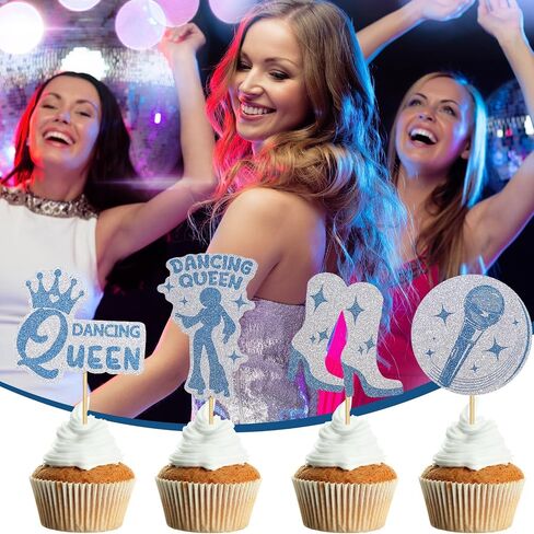 48 PCS Glitter Dancing Queen Cupcake Topcake Topcake Disco Dancing Cupcake يختار الرقص كوين كعكة العليا عتيقة ديسكو راقصة ديكورات للكرة الديسكو. in Kuwait