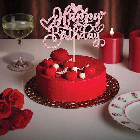 Gyufise 1Pc Love Heart Happy Birthday Cake Topper Red Glitter Sweet Valentine's Day Cake Picks Decorations for Valentine's Day Love Theme Baby Shower Birthday Party Supplies in Saudi Arabia