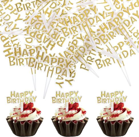 Giantree 100-Pack Happy Birthday Cupcakes Decoration, Lightweight Birthday Cupcake Decorations, Small Cupcake Decorations for Happy Birthdays Anniversary Theme Party Cake Decoration Supplies (Gold) in Saudi Arabia