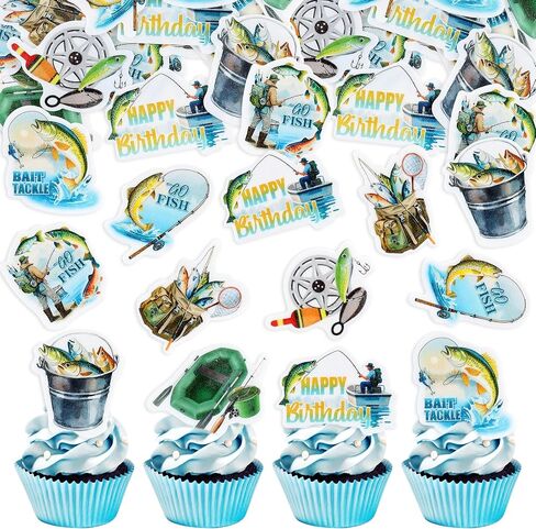 Ercadio 40 Edible Fishing Cupcake Toppers Picks Fishing Birthday Party Cake Decorations for Kids Boys Gone Fish Cake Drink Toppers Baby Shower Party Summer Outdoor Fishing Party Cake Decor in Kuwait