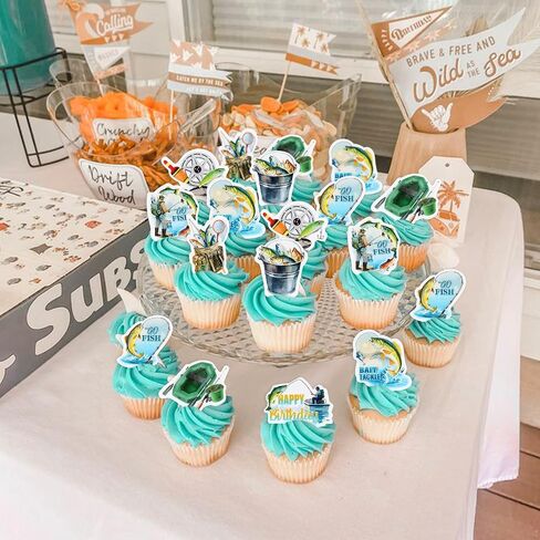 Ercadio 40 Edible Fishing Cupcake Toppers Picks Fishing Birthday Party Cake Decorations for Kids Boys Gone Fish Cake Drink Toppers Baby Shower Party Summer Outdoor Fishing Party Cake Decor in Kuwait