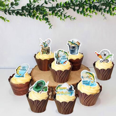 Ercadio 40 Edible Fishing Cupcake Toppers Picks Fishing Birthday Party Cake Decorations for Kids Boys Gone Fish Cake Drink Toppers Baby Shower Party Summer Outdoor Fishing Party Cake Decor in Kuwait