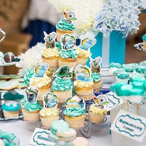 Ercadio 40 Edible Fishing Cupcake Toppers Picks Fishing Birthday Party Cake Decorations for Kids Boys Gone Fish Cake Drink Toppers Baby Shower Party Summer Outdoor Fishing Party Cake Decor in Kuwait
