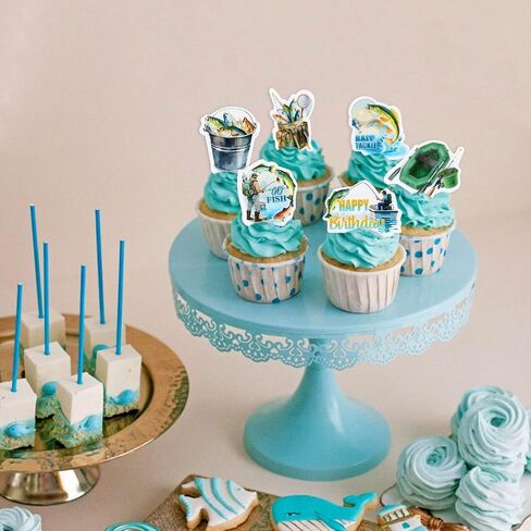 Ercadio 40 Edible Fishing Cupcake Toppers Picks Fishing Birthday Party Cake Decorations for Kids Boys Gone Fish Cake Drink Toppers Baby Shower Party Summer Outdoor Fishing Party Cake Decor in Kuwait