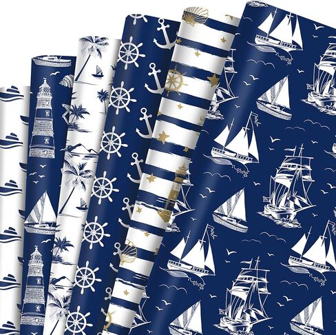 12 Sheets Nautical Theme Wrapping Paper, Sea Ocean Wrapping Paper Navy Anchor Ocean Design Gift Wrap with Navy Anchors, Ships, Waves, Striped Stars, Boat Sea and Palm Trees Gift Papers,20x27in in Saudi Arabia