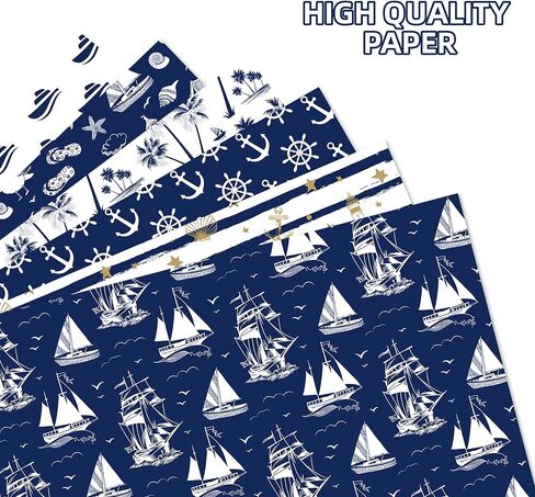 12 Sheets Nautical Theme Wrapping Paper, Sea Ocean Wrapping Paper Navy Anchor Ocean Design Gift Wrap with Navy Anchors, Ships, Waves, Striped Stars, Boat Sea and Palm Trees Gift Papers,20x27in in Saudi Arabia
