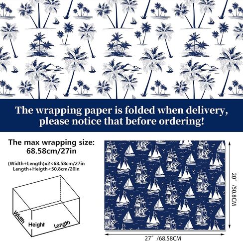 12 Sheets Nautical Theme Wrapping Paper, Sea Ocean Wrapping Paper Navy Anchor Ocean Design Gift Wrap with Navy Anchors, Ships, Waves, Striped Stars, Boat Sea and Palm Trees Gift Papers,20x27in in Saudi Arabia