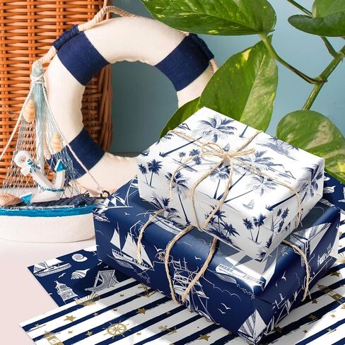 12 Sheets Nautical Theme Wrapping Paper, Sea Ocean Wrapping Paper Navy Anchor Ocean Design Gift Wrap with Navy Anchors, Ships, Waves, Striped Stars, Boat Sea and Palm Trees Gift Papers,20x27in in Saudi Arabia