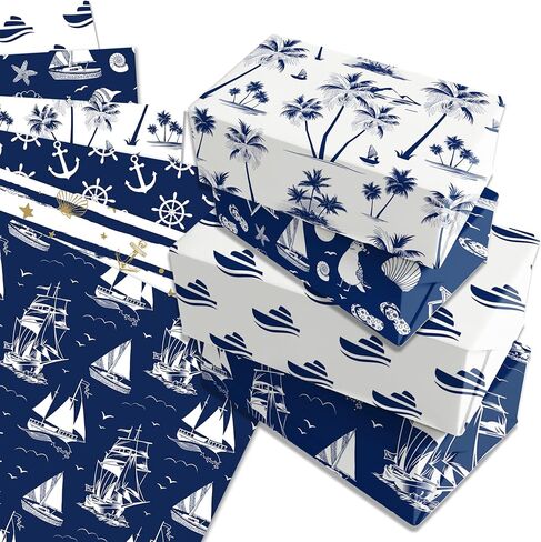 12 Sheets Nautical Theme Wrapping Paper, Sea Ocean Wrapping Paper Navy Anchor Ocean Design Gift Wrap with Navy Anchors, Ships, Waves, Striped Stars, Boat Sea and Palm Trees Gift Papers,20x27in in Saudi Arabia