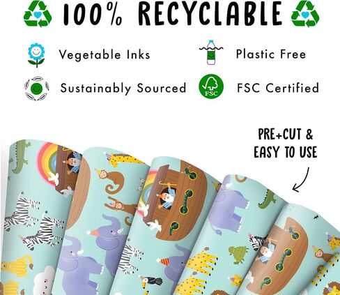 ورقة تغليف الطفل المحايدة - Noahs Ark - 6 أوراق باستيل غلاف هدية للطفل أو طفلة - هدية لعيد ميلاد المعمودية لابن ابن أخي ابن أخي - يأتي مع العلامات in Saudi Arabia