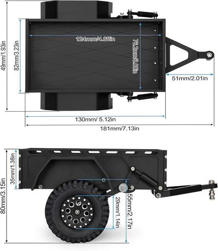 AMK Aluminium 1/18 1/24 RC Trailer ، CNC Machined RC Attility Trailer with Ball Head Hitch ، 1/18 1/24 Scale RC Crawler Trailer for TRX4M SCX24 Redcat Ascent-18 with Wheels & Suspension (Black) in Kuwait