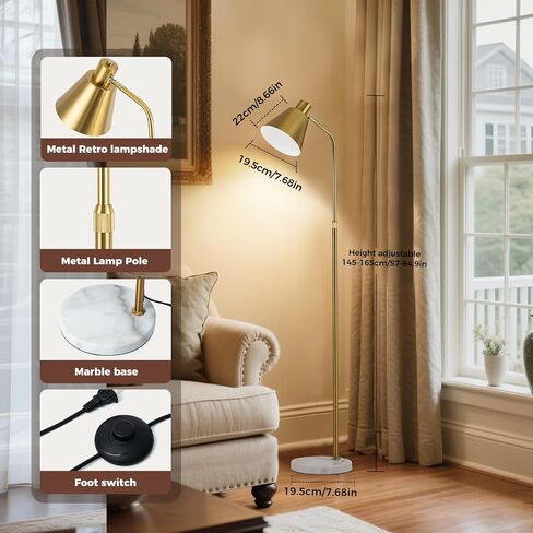 Modern Gold Reading Lamps Floor Standing, 12W Dimmable LED Vintage Brass Standing Lamp for Bedroom, Adjustable Heights Antique Brass Tall Floor Lamp, for Reading Home Corner Living Room in Saudi Arabia