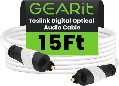 Toslink Digital Optical Audio Cable, GearIT Pro Series TOSLINK Digital Optical Audio Cable 15 Feet for HDTV, PS3, Tivo, Sound Bar, Stereo Receiver and Home Theater System - White in Kuwait