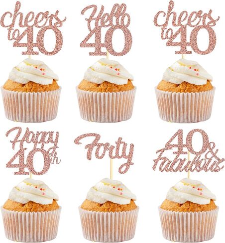 Sotpot 30PCS Happy 40th Birthday Cupcake Toppers Rose Gold Glitter 40 Fabulous Cheers to 40 Cupcake Decorations for 40th Birthday Anniversary Party Supplies in Saudi Arabia
